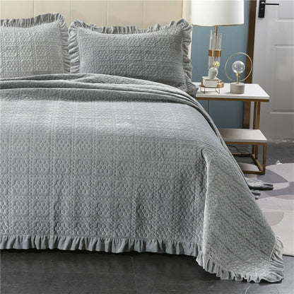 Export High-Grade Flannel Three-Piece Bed Cover Set Milk Fiber European Quilted Quilted Bed Sheet One Side Velvet One Side Pure Cotton