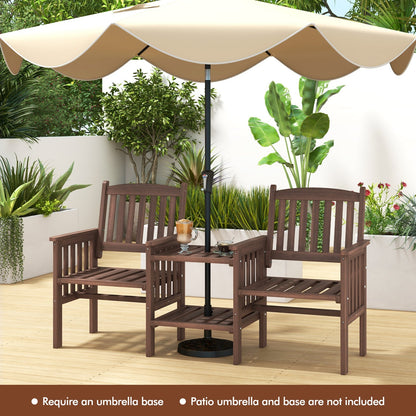 Outdoor Fir Wood Loveseat with 2-Tier Side Table and 1.96" Umbrella Hole