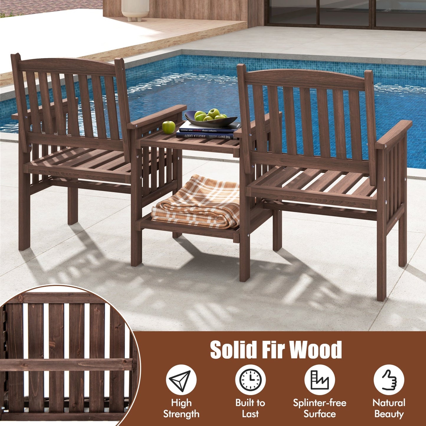 Outdoor Fir Wood Loveseat with 2-Tier Side Table and 1.96" Umbrella Hole
