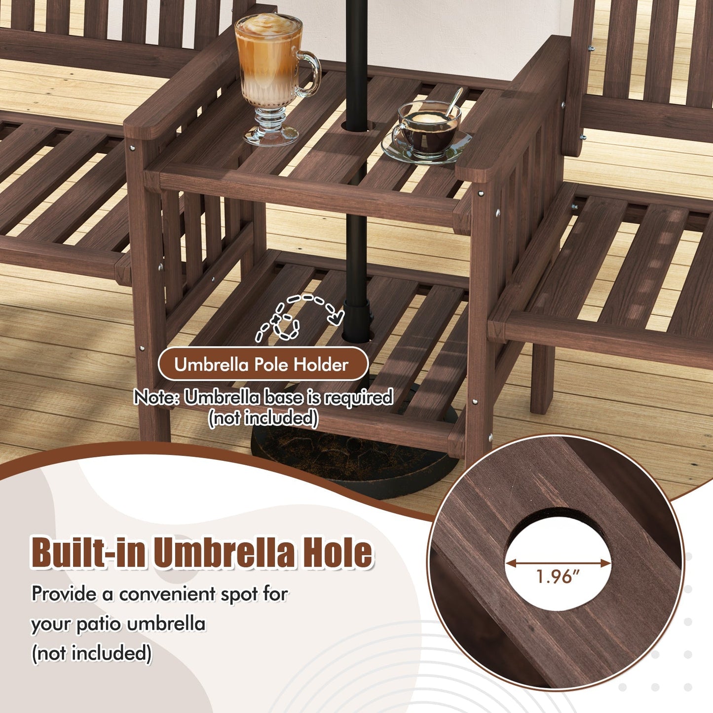 Outdoor Fir Wood Loveseat with 2-Tier Side Table and 1.96" Umbrella Hole