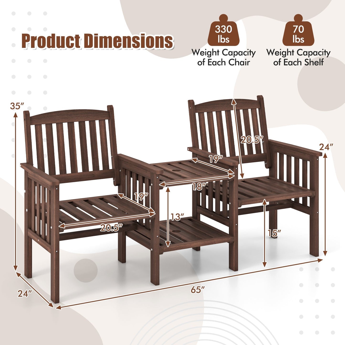 Outdoor Fir Wood Loveseat with 2-Tier Side Table and 1.96" Umbrella Hole