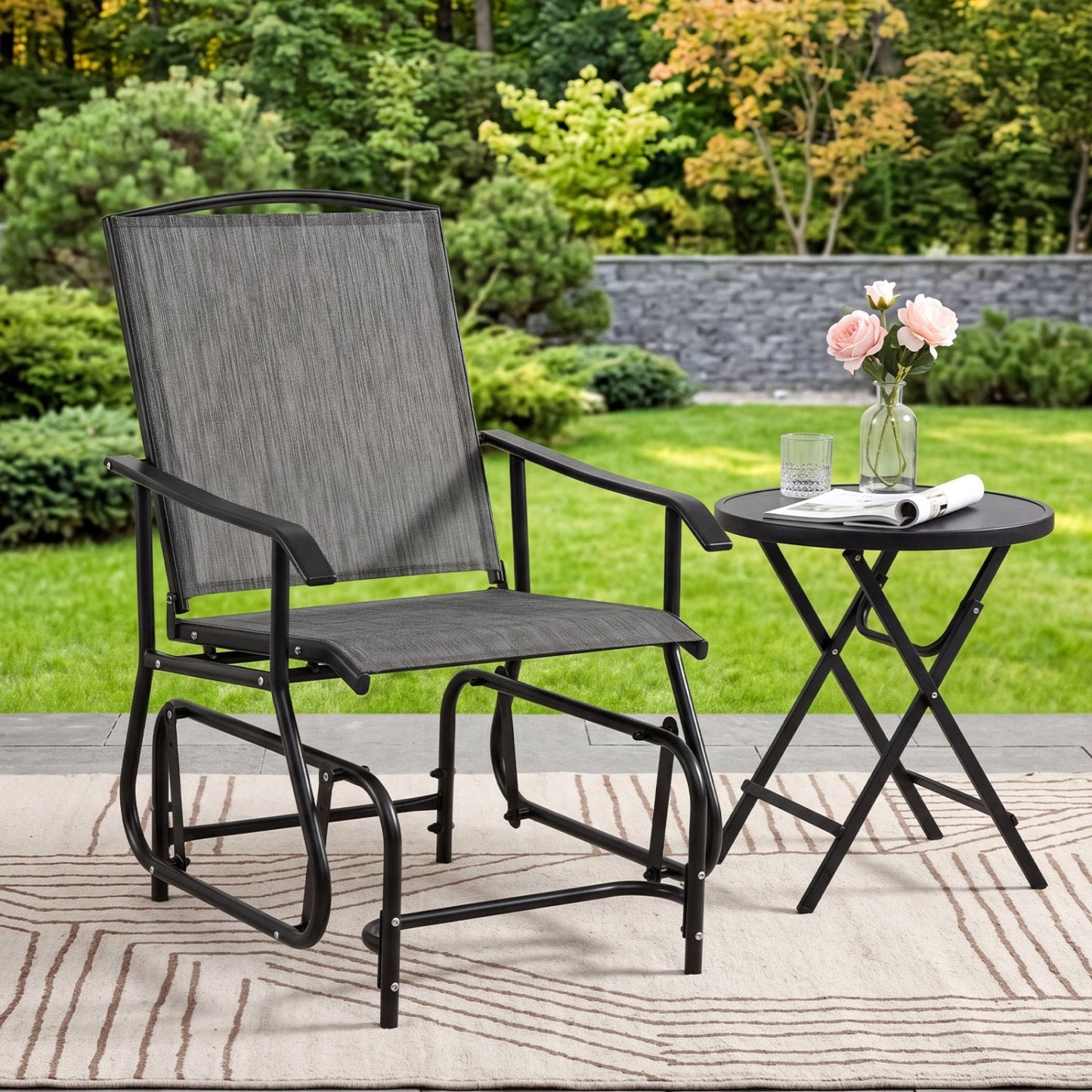 Outdoor Glider Chair with Metal Frame and Armrests