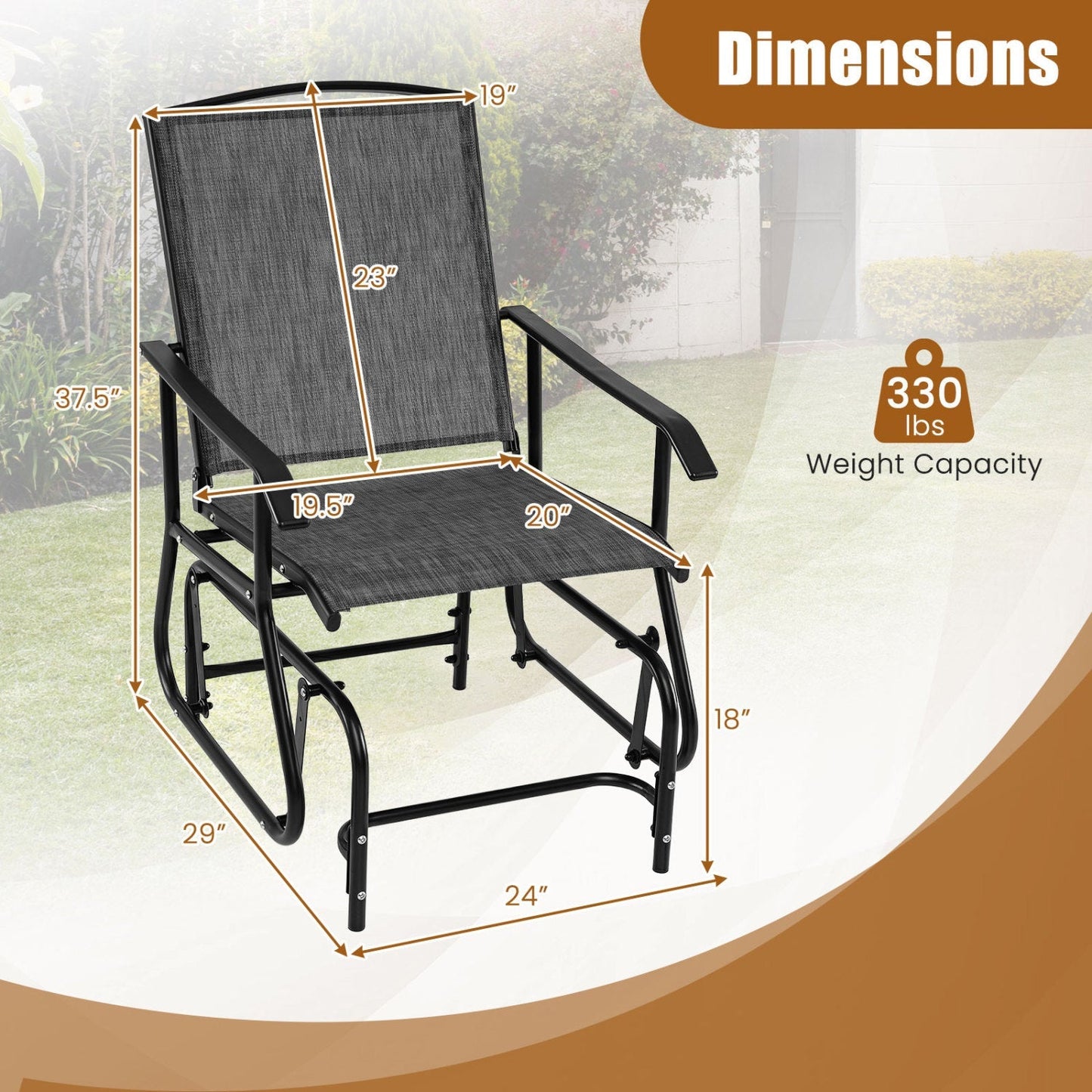 Outdoor Glider Chair with Metal Frame and Armrests