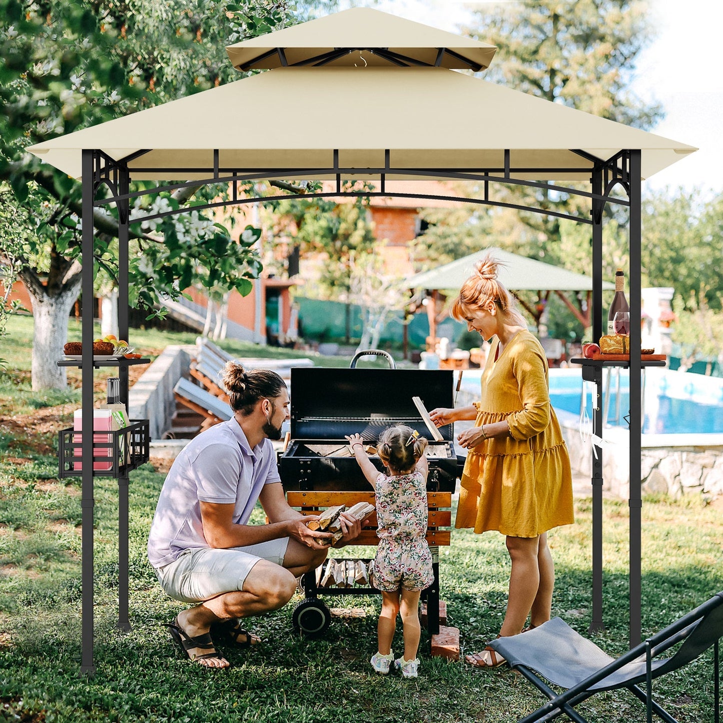 8 x 5 Feet Outdoor Grill Gazebo with 2 Side Shelves and 10 Hooks