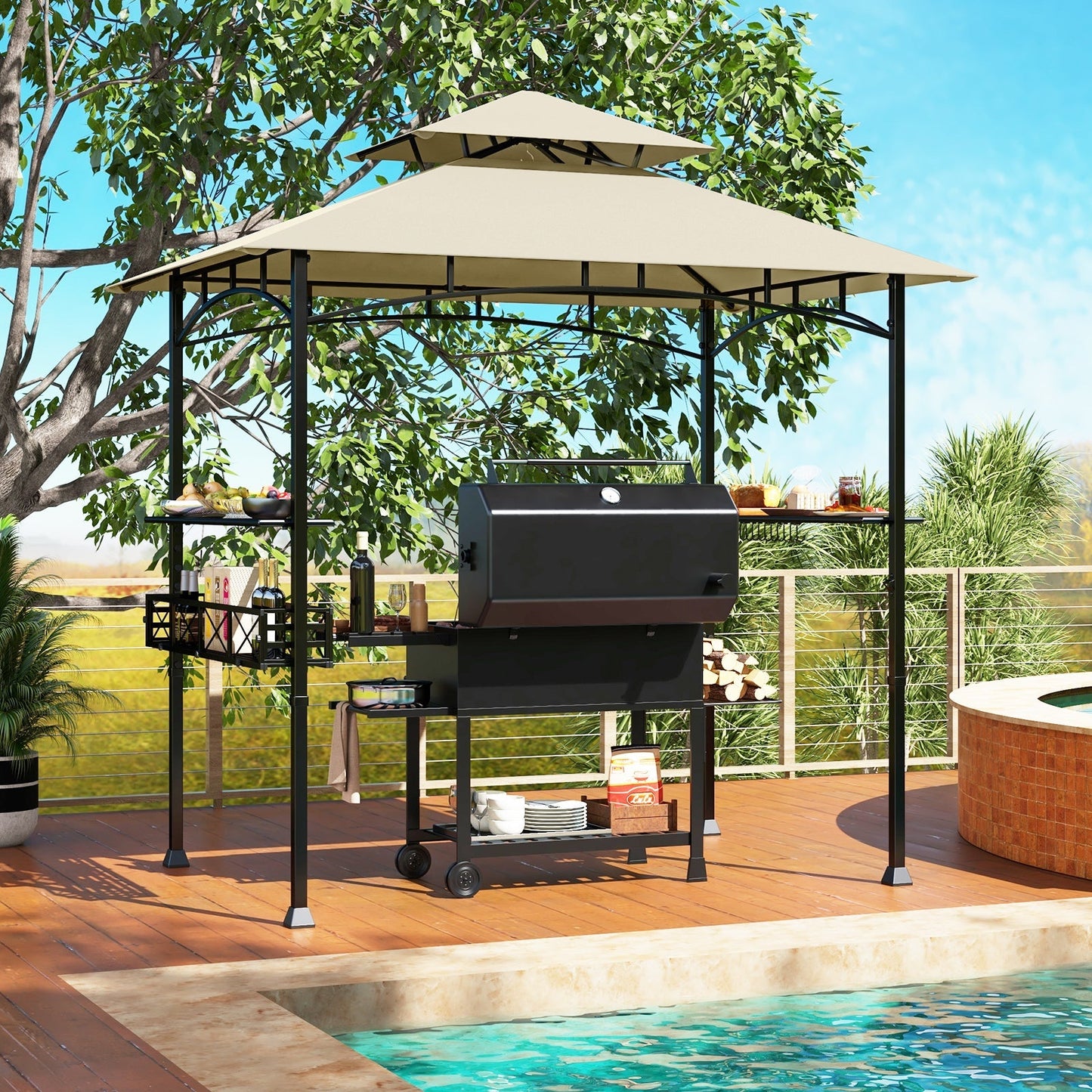 8 x 5 Feet Outdoor Grill Gazebo with 2 Side Shelves and 10 Hooks
