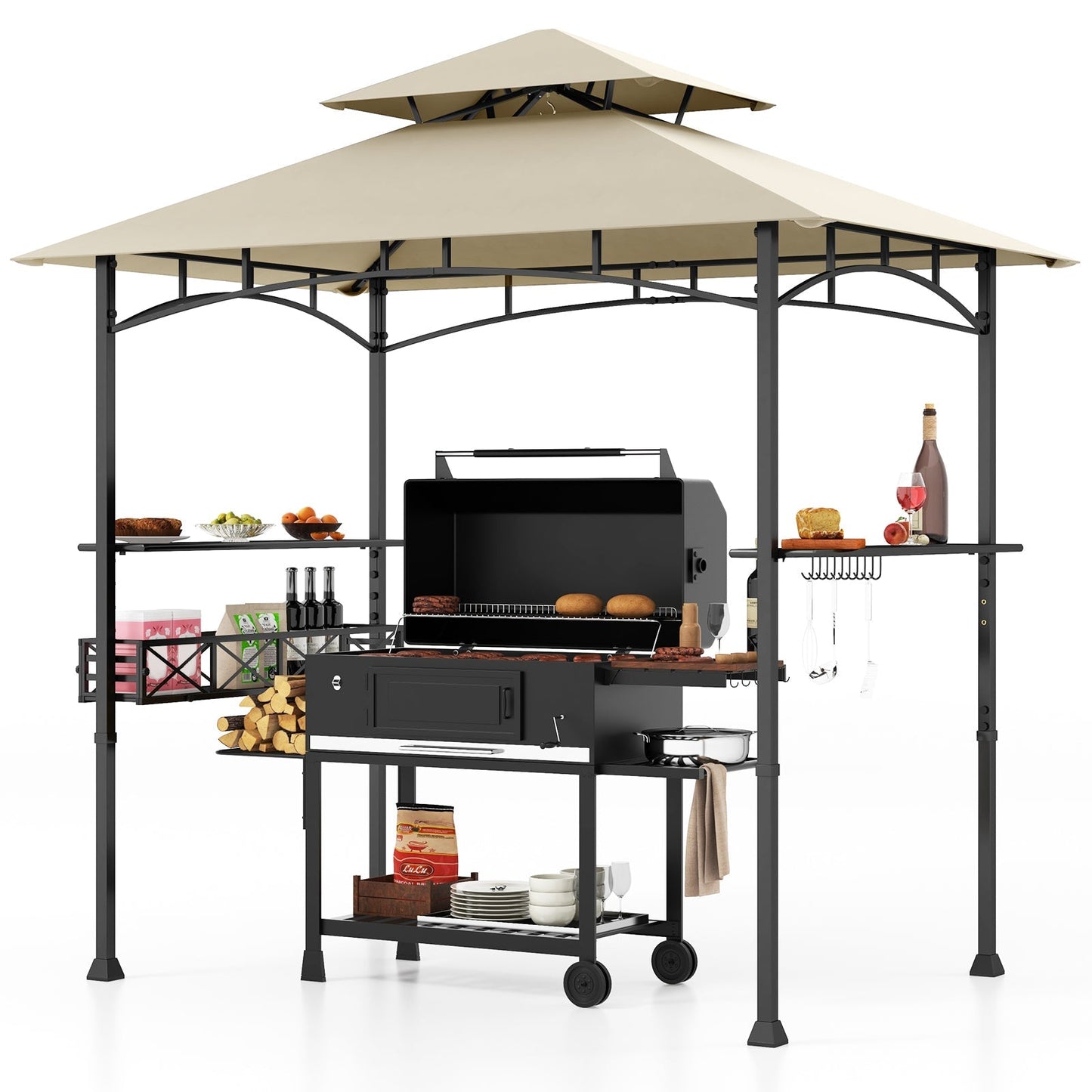 8 x 5 Feet Outdoor Grill Gazebo with 2 Side Shelves and 10 Hooks