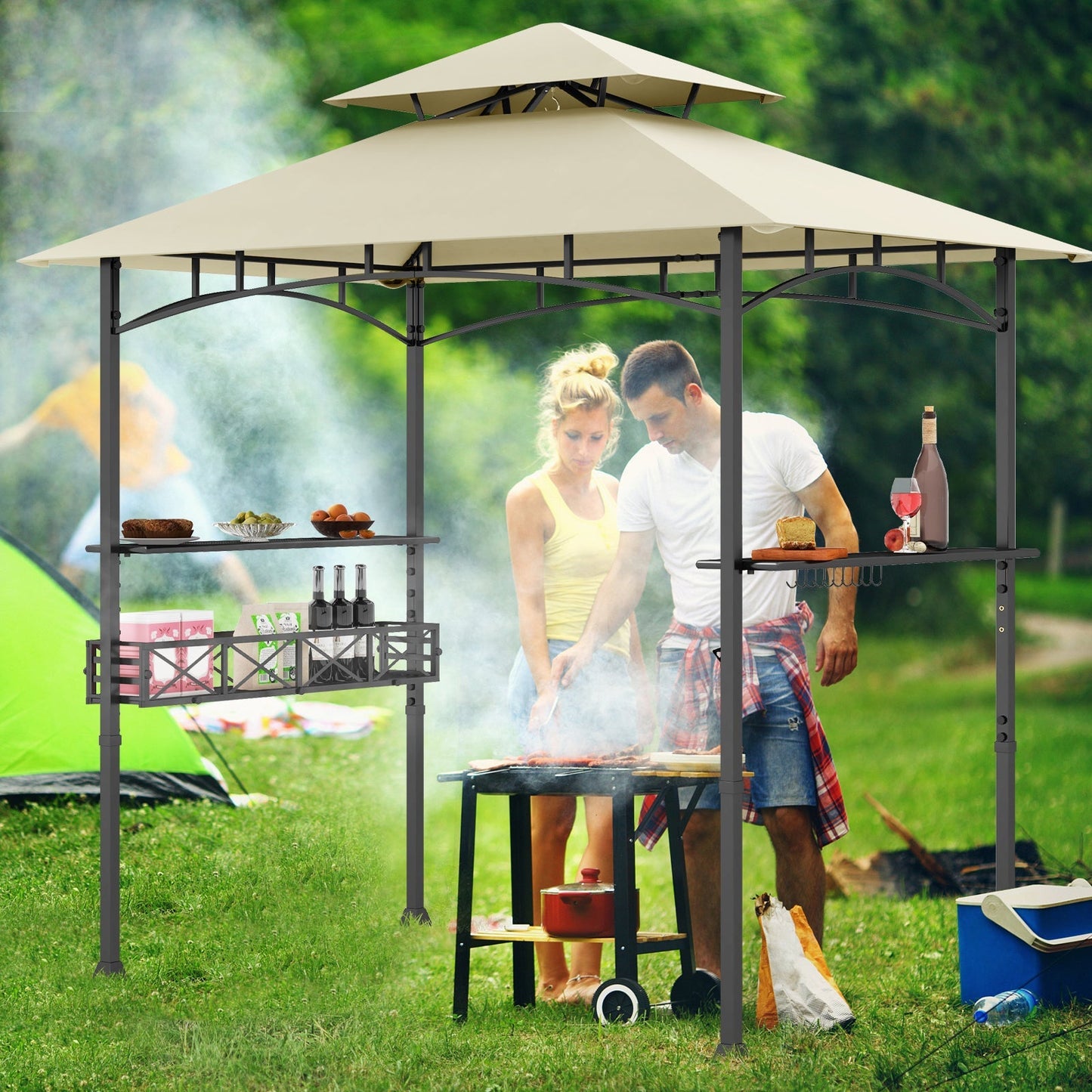 8 x 5 Feet Outdoor Grill Gazebo with 2 Side Shelves and 10 Hooks