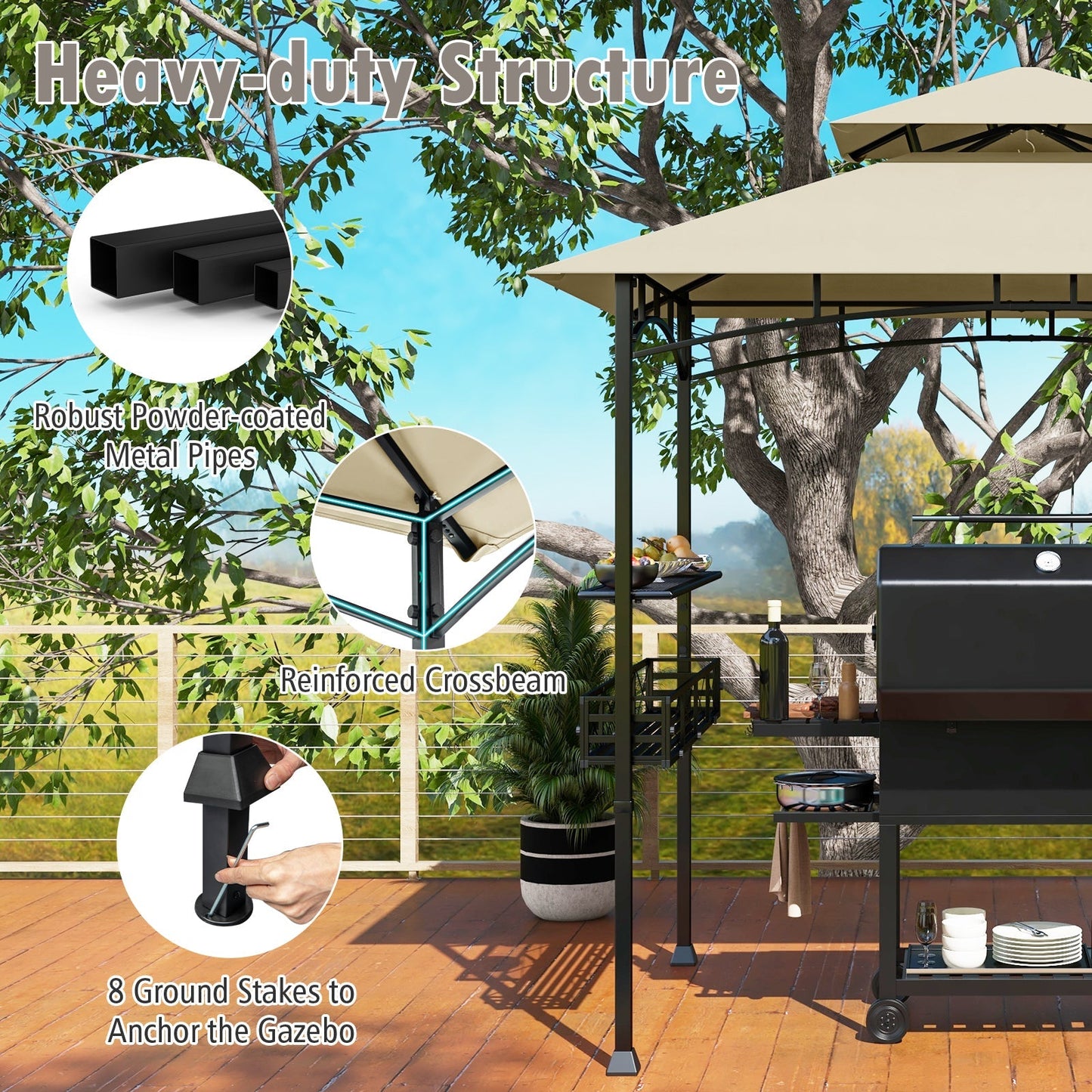 8 x 5 Feet Outdoor Grill Gazebo with 2 Side Shelves and 10 Hooks