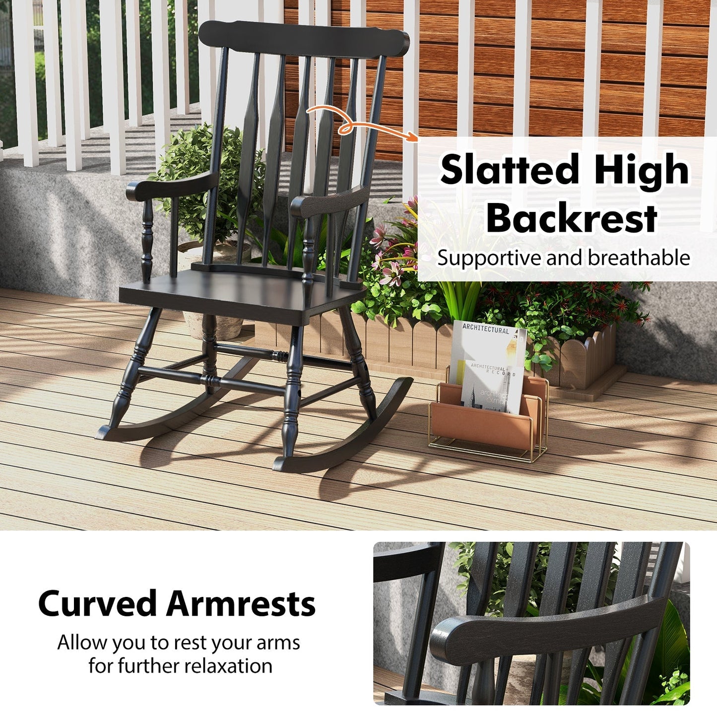Rocking Chair with Solid Wooden Frame for Garden and Patio