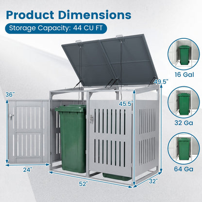Outdoor Trash Can Storage Shed for 2 Bins with Gas Struts