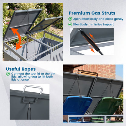 Outdoor Trash Can Storage Shed for 2 Bins with Gas Struts
