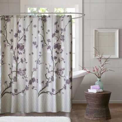 72 x 72 in Cotton Shower Curtain with Purple Grey Beige Floral Blossom Pattern