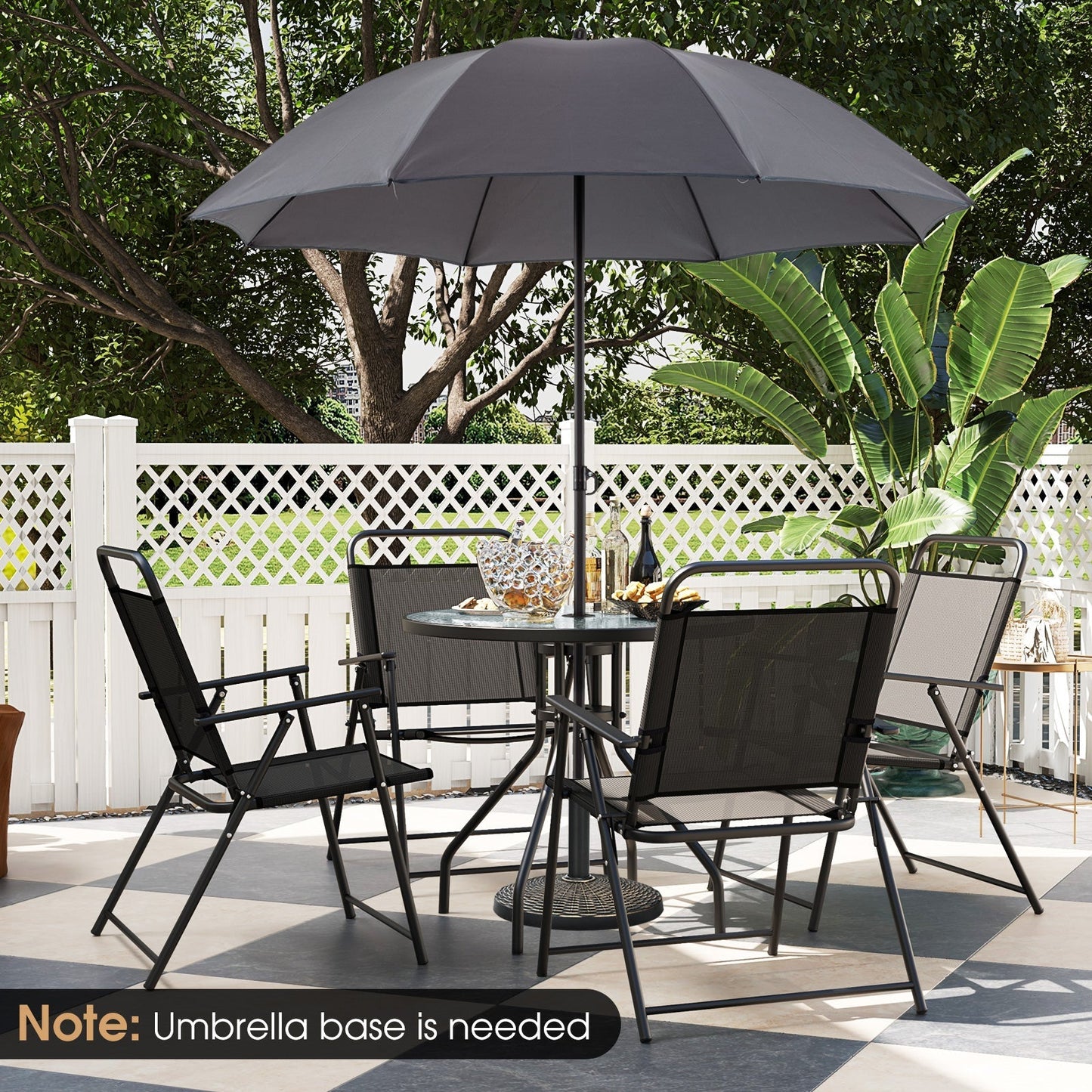 6 Pieces Patio Dining Set Folding Chairs Glass Table Tilt Umbrella for Garden