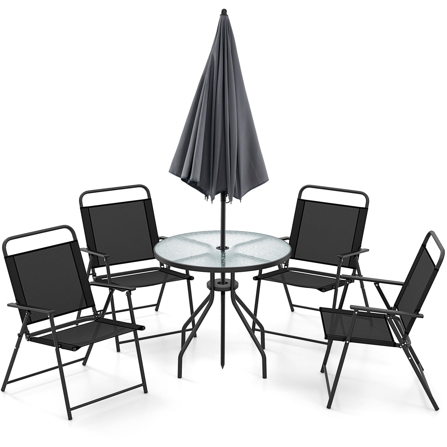 6 Pieces Patio Dining Set Folding Chairs Glass Table Tilt Umbrella for Garden