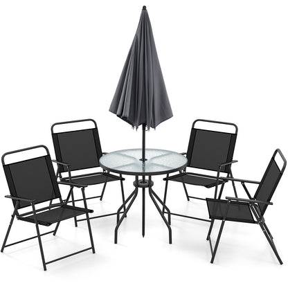 6 Pieces Patio Dining Set Folding Chairs Glass Table Tilt Umbrella for Garden