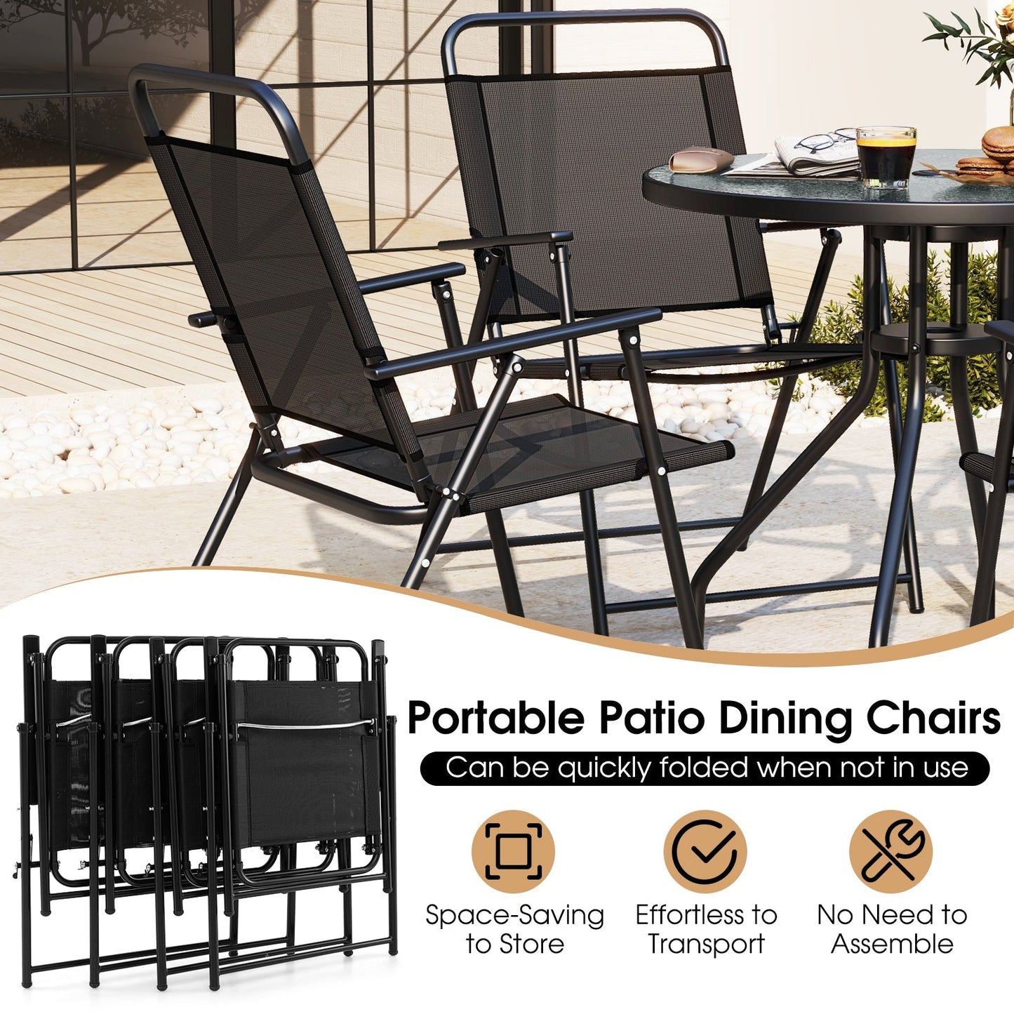 6 Pieces Patio Dining Set Folding Chairs Glass Table Tilt Umbrella for Garden