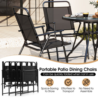 6 Pieces Patio Dining Set Folding Chairs Glass Table Tilt Umbrella for Garden