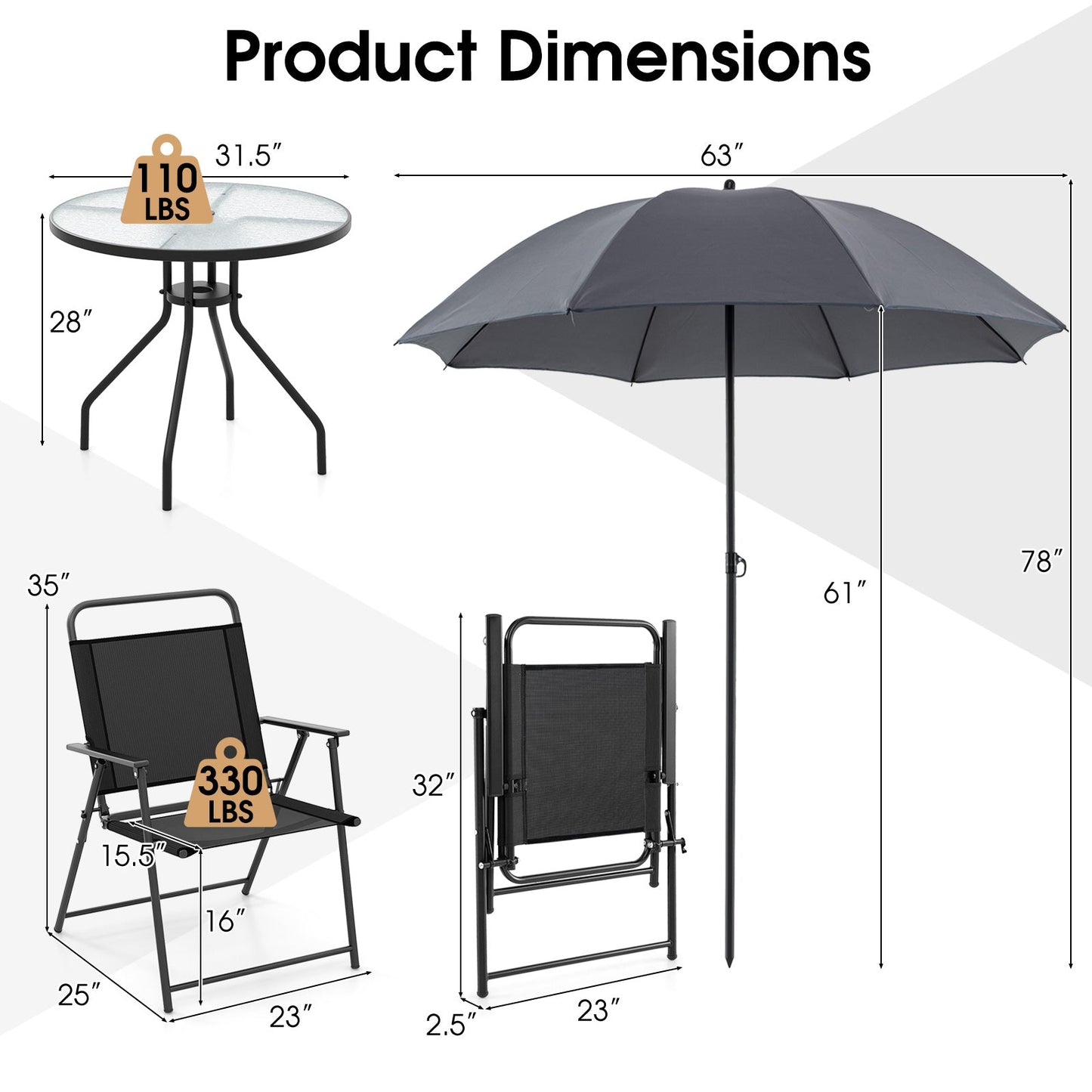 6 Pieces Patio Dining Set Folding Chairs Glass Table Tilt Umbrella for Garden