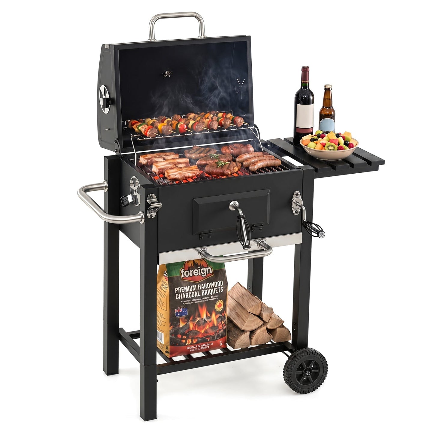Charcoal Grill with Adjustable Tray and Wheels