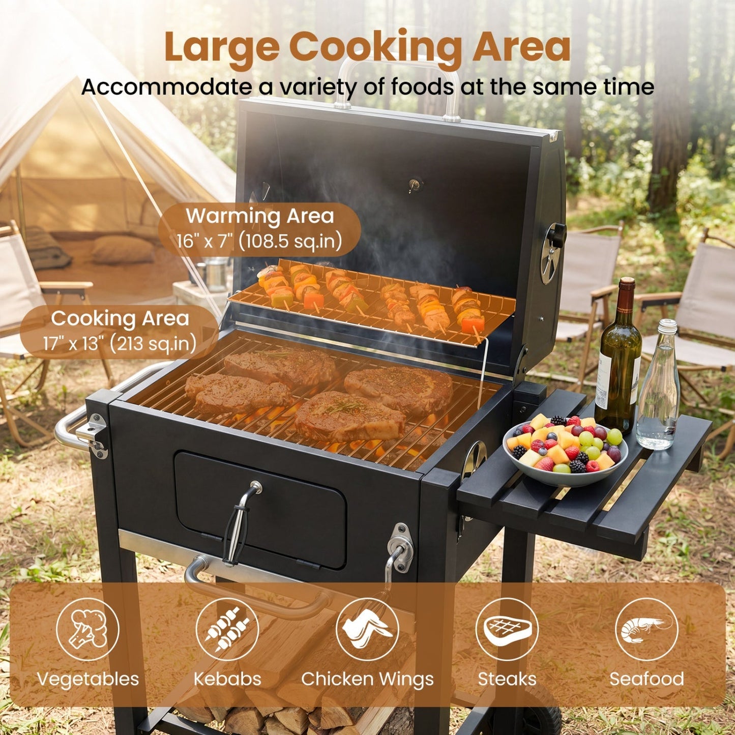 Charcoal Grill with Adjustable Tray and Wheels