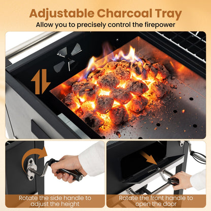 Charcoal Grill with Adjustable Tray and Wheels