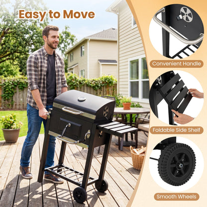 Charcoal Grill with Adjustable Tray and Wheels