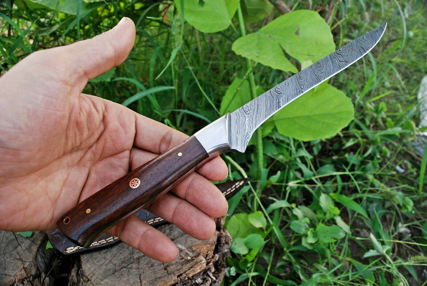 Custom Handmade Damascus Fillet Knife - 10.5" Blade with Rosewood Handle & Leather Sheath | Premium Fishing Fillet Knives