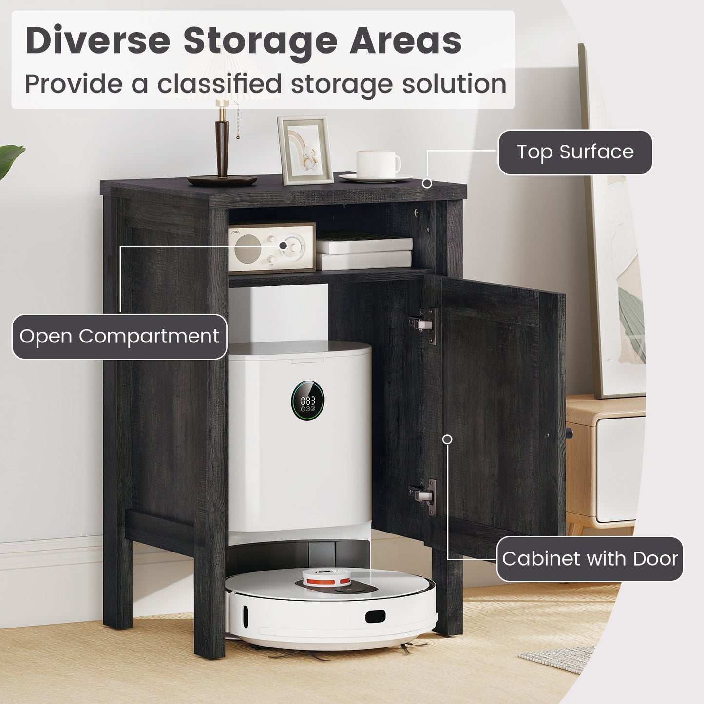 Robot Vacuum Storage Cabinet with Door and Open Shelf for Living Room Bedroom