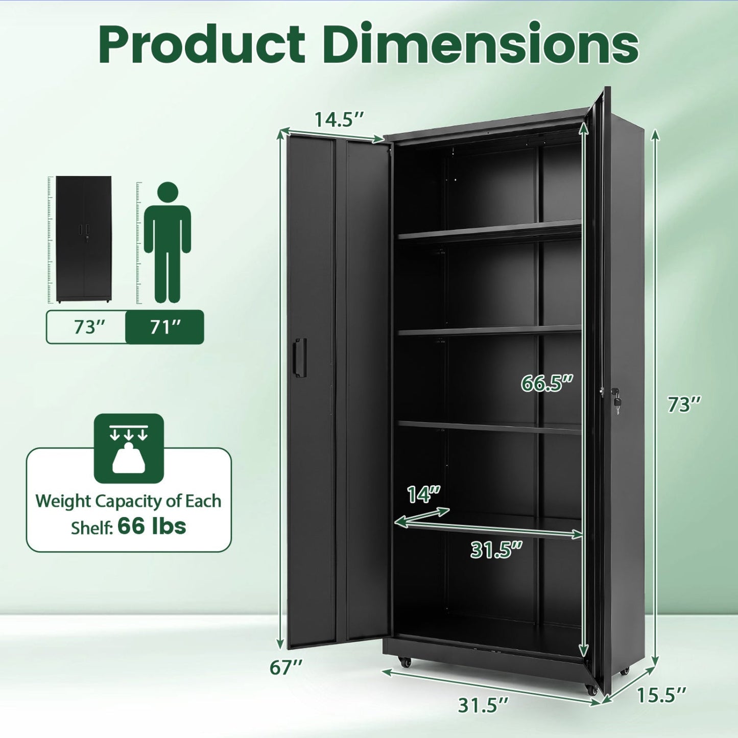 Rolling Metal Storage Cabinet 73" Lockable with 4 Wheels