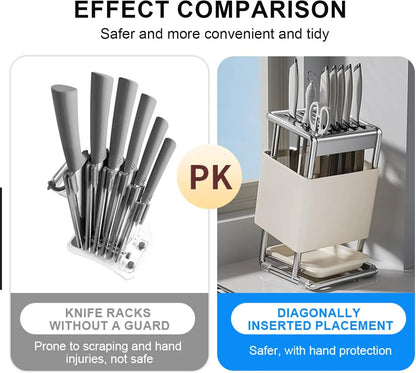 Knife Block with Drain Tray, Knife Holder without Knives, Kitchen Storage Knife Rack Decoration, Slanted Knife Stand