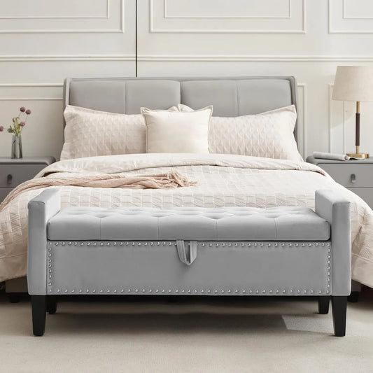Velvet Storage Ottoman Bench With Button Tufting For Bedroom