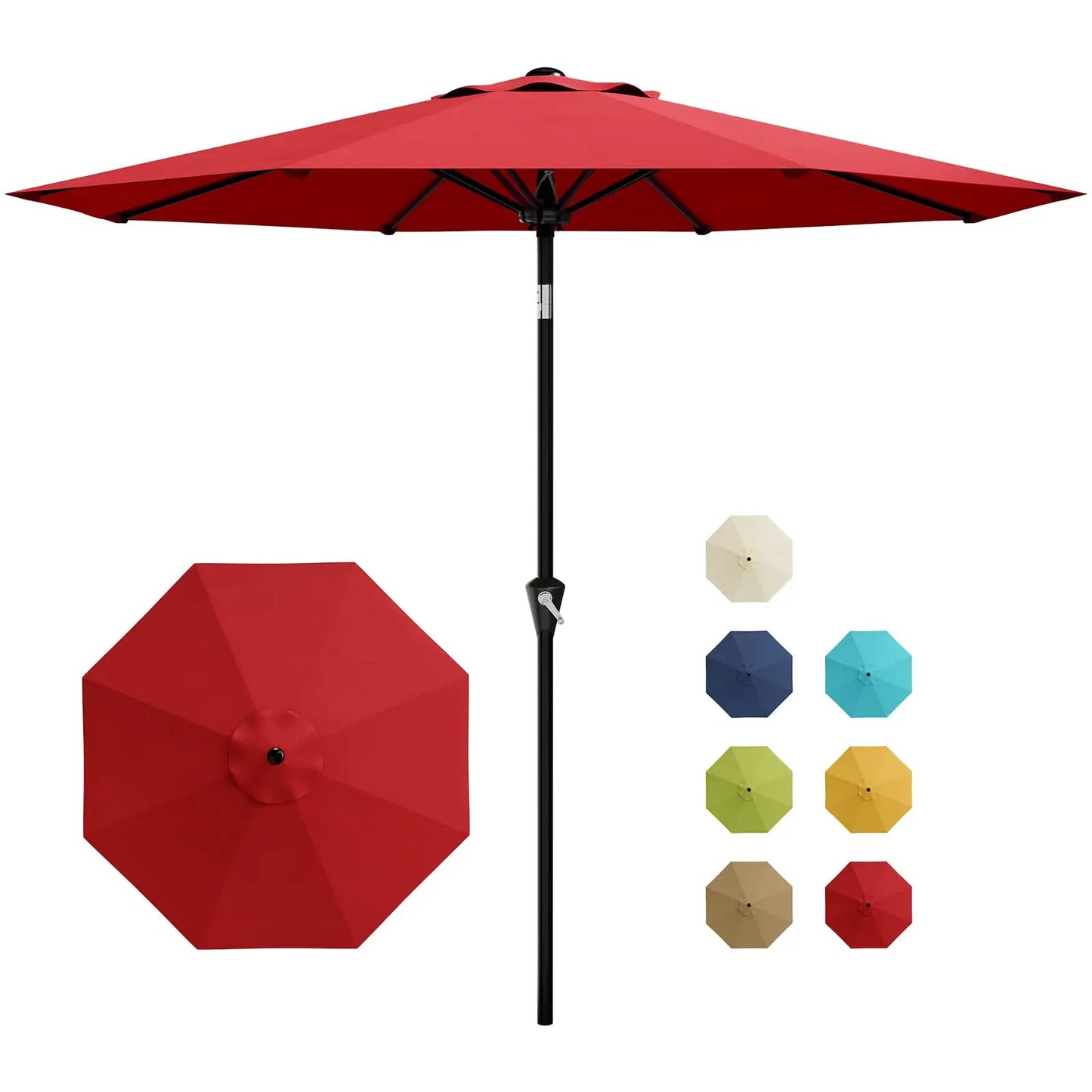 9FT Patio Umbrella With Crank & Tilt, Outdoor Market Umbrella, UV Protection Waterproof For Pool Deck, 8 Ribs Iron Frame