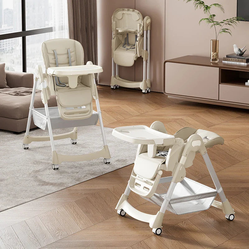 Foldable Baby High Chair With PU Leather And Adjustable Backrest