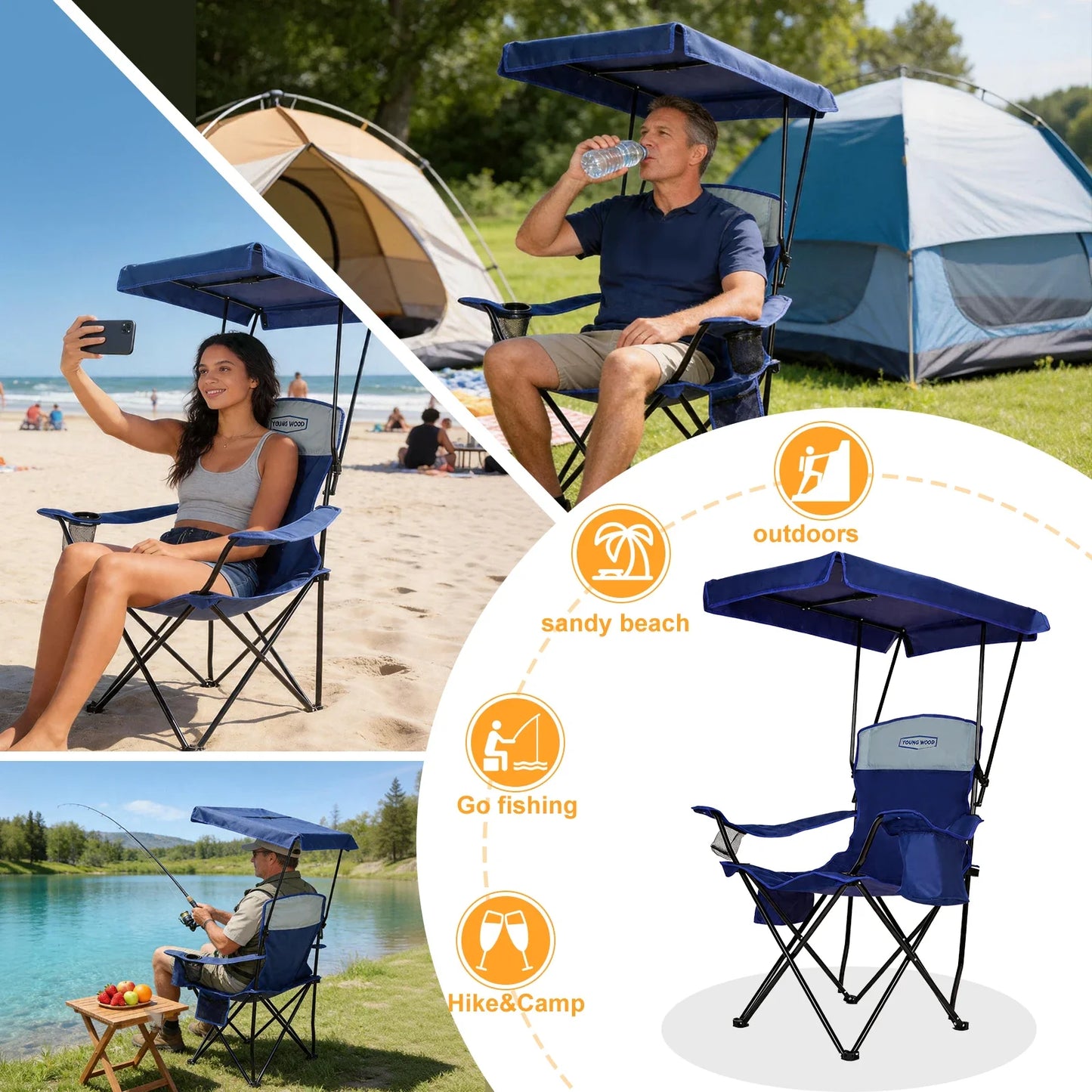 GERC Foldable Camping Chair With Sun Shade, Cooler Bag And Cup Holder Pocket