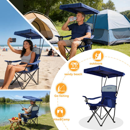 GERC Foldable Camping Chair With Sun Shade, Cooler Bag And Cup Holder Pocket