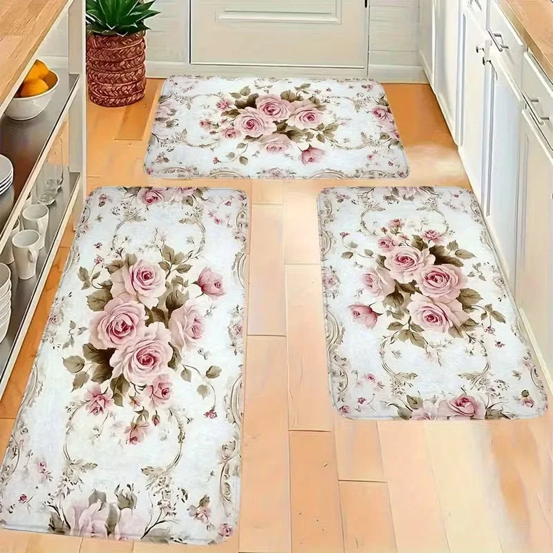 American Style Floor Mat with Pink Rose Flower and Anti Slip Home Decor Door Mat Suitable Bedroom Living Room Kitchen Entrance