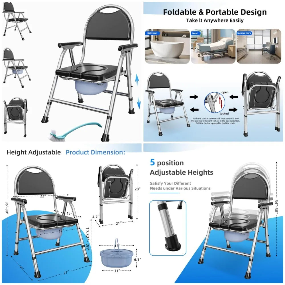 XMSJ 4 In 1 Folding Bedside Commode Chair Adjustable Height