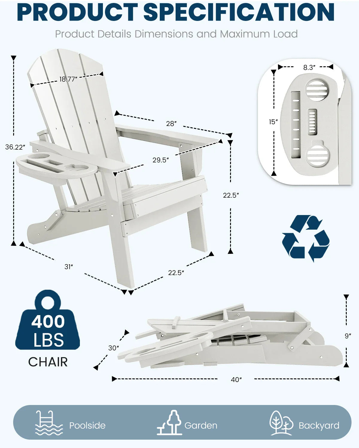 FOOWIN Folding Adirondack Chair With Cup Holder Outdoor