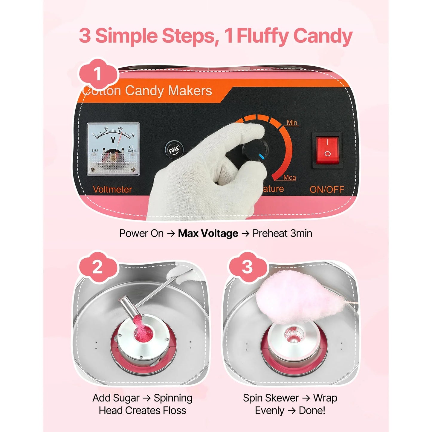 SucceBuy Cotton Candy Machine 1000W Electric Floss Maker Stainless Bowl