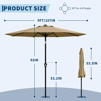 9FT Patio Umbrella With Crank & Tilt, Outdoor Market Umbrella, UV Protection Waterproof For Pool Deck, 8 Ribs Iron Frame