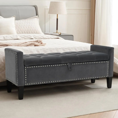 Velvet Storage Ottoman Bench With Button Tufting For Bedroom