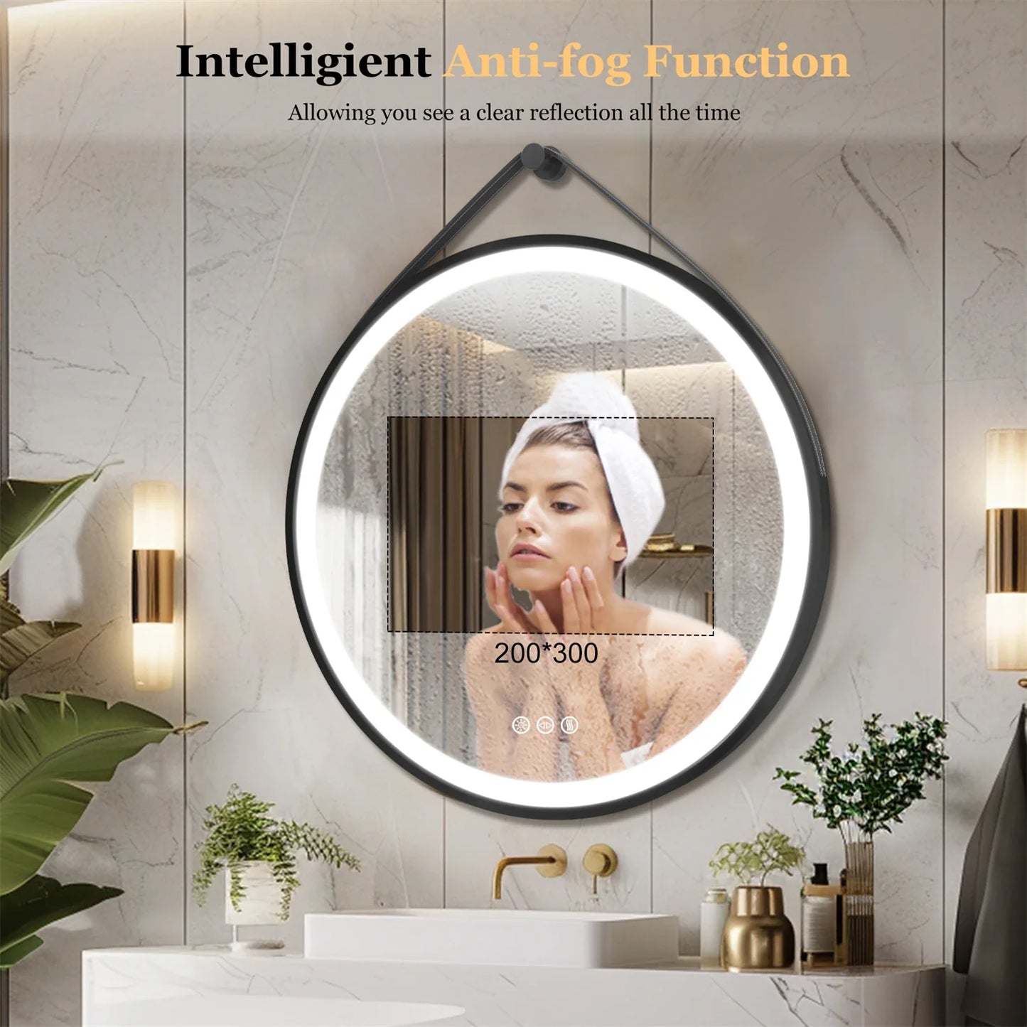 Round LED Bathroom Mirror With Leather Strap Anti Fog