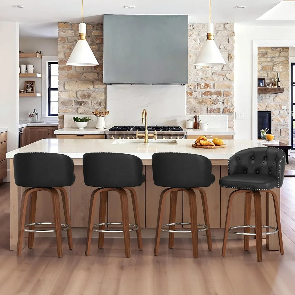 Wood Swivel Bar Stools Set With Faux Leather Upholstery