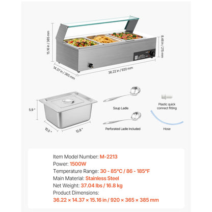 SucceBuy Commercial Food Warmer Stainless Steel Buffet With Glass Cover