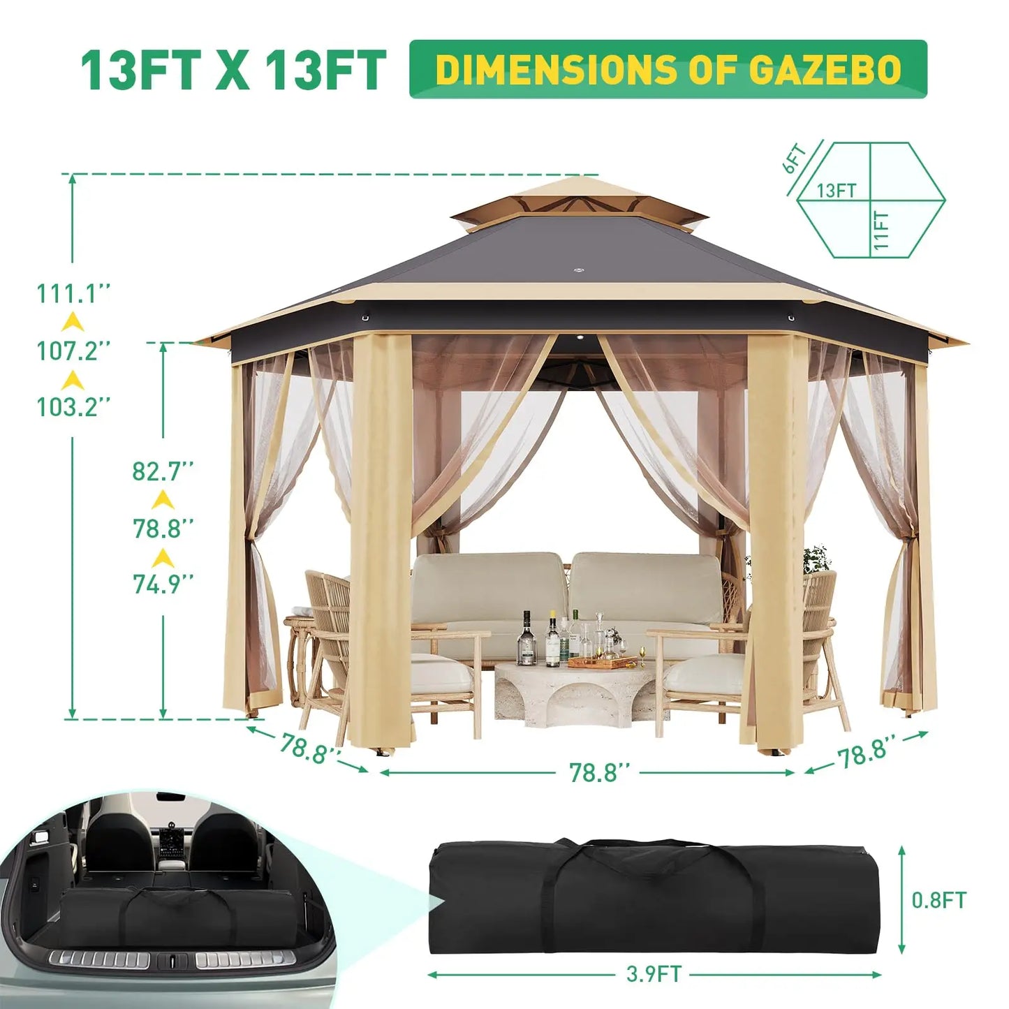 13x13 FT Pop Up Gazebo Outdoor Canopy Tent With Mosquito Netting Double Roof Heavy Duty Shelter For Patio Backyard Garden