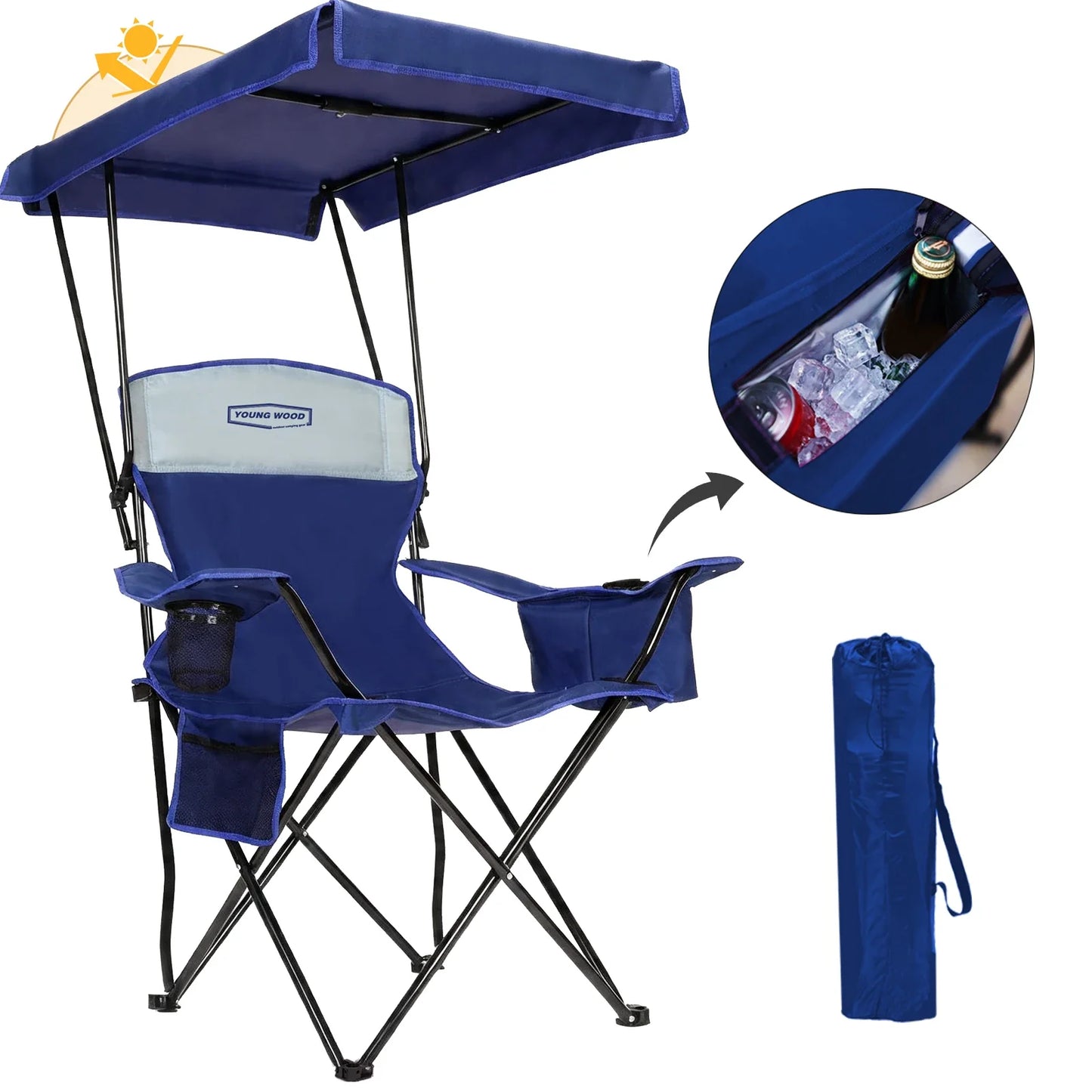 GERC Foldable Camping Chair With Sun Shade, Cooler Bag And Cup Holder Pocket