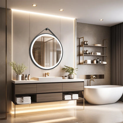 Round LED Bathroom Mirror With Leather Strap Anti Fog