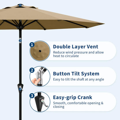 9FT Patio Umbrella With Crank & Tilt, Outdoor Market Umbrella, UV Protection Waterproof For Pool Deck, 8 Ribs Iron Frame