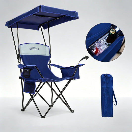 GERC Foldable Camping Chair With Sun Shade, Cooler Bag And Cup Holder Pocket