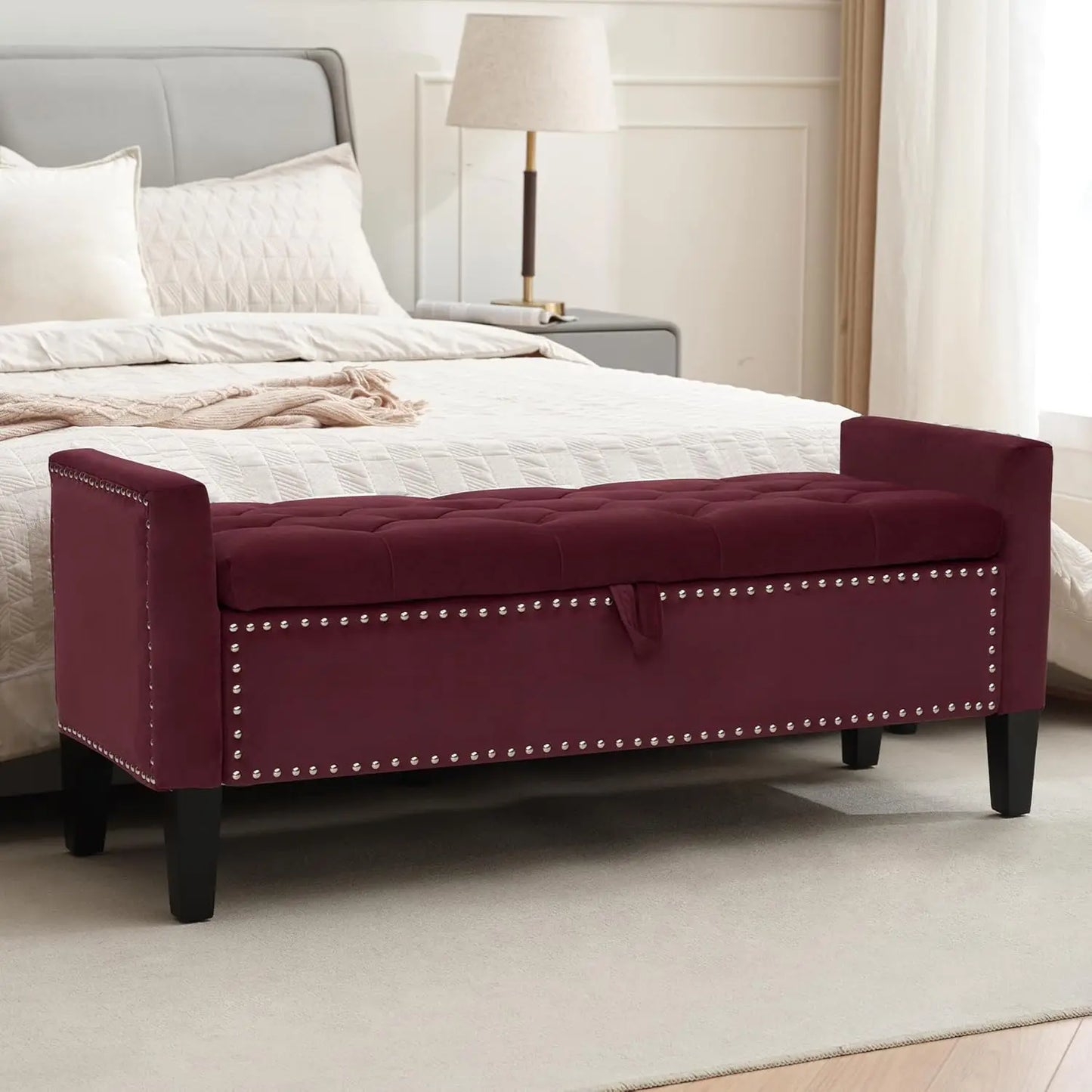Velvet Storage Ottoman Bench With Button Tufting For Bedroom